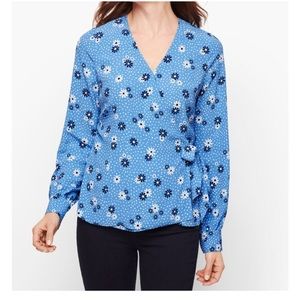 Talbots Poet Sleeve Flowers and Dots Faux Wrap Top Size Medium, NWT